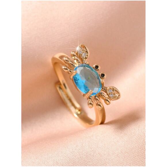 Gold Crab Ring with Blue Oval Gemstone–Adjustable Animal Design Crystal Accents - Picture 3 of 8
